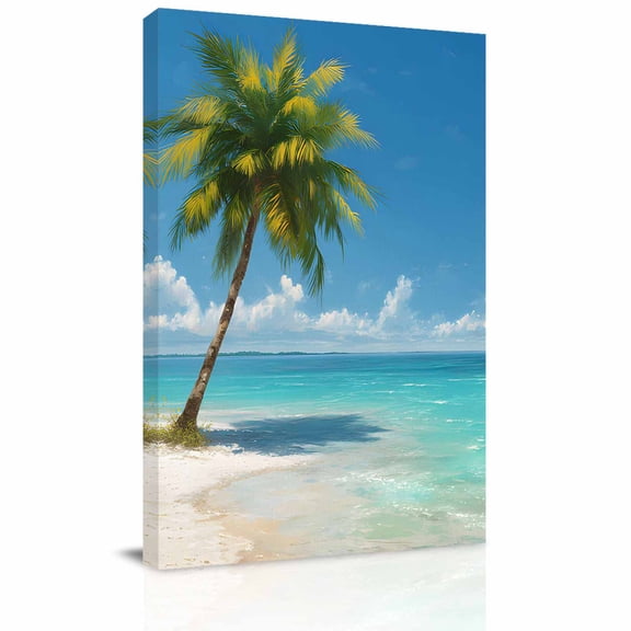 Palm Trees Canvas Wall Art for Living Room, Oceans Blue Sky Clouds Beach Summer Nature Wall Decor Framed Artwork Pictures Ready to Hang for Bedroom Office Home Decor