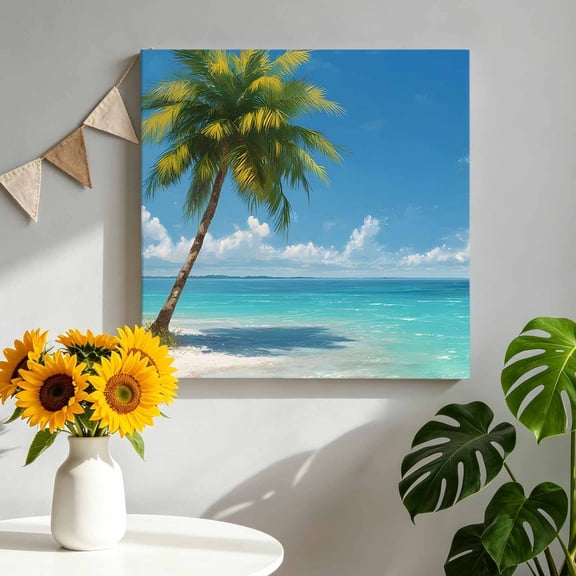 Palm Trees Canvas Wall Art, Oceans Blue Sky Clouds Beach Summer Nature Pictures Wall Decor Wooden Framed Artwork Art Prints for Living Room Hallway Bedroom Office 8"x8"