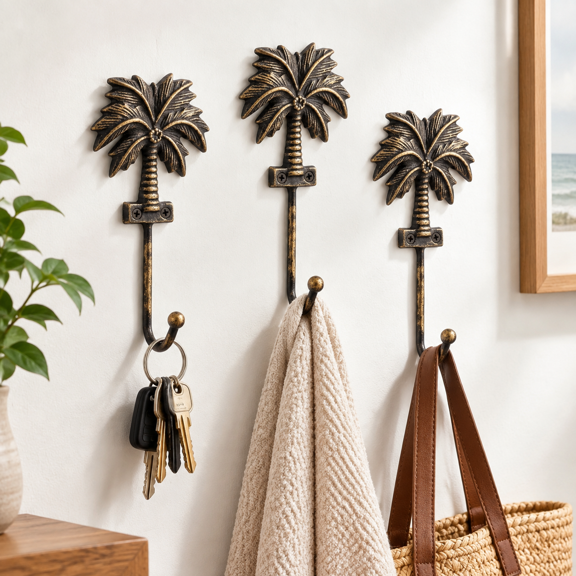 Palm Trees Cast Iron Wall Hooks, Decorative Vintage Hangers for Bathroom and Entryway