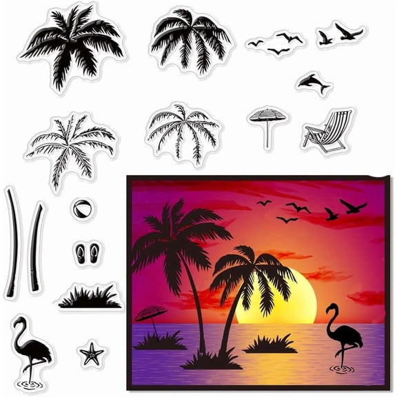 Palm Trees Clear Stamps for Card Making Decoration Scrapbooking Flamingos Silicone Rubber Stamp for Greeting Cards Photo Album Diary Decor DIY Craft diy