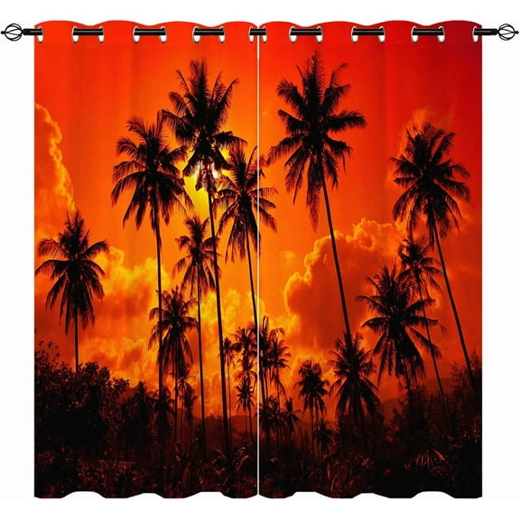 Palm Trees Curtains, Tropical Sunset Forest Woodland Nature Landscape Scenery Pattern Waterproof Grommet Window Drapes for Bedroom Living Room Laundry Room Closet Cafe 2 Panels W42 x L84