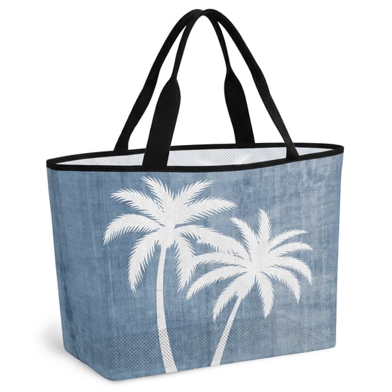 Palm Trees Dark Blue Beach Bag for Women, Large Breathable Mesh Beach Tote Bag, Summer Coastal Vintage Tropical Sandproof Lightweight Travel Bags for Vacation Picnic Swimming Pool 15.7"x15.7"x9.1"