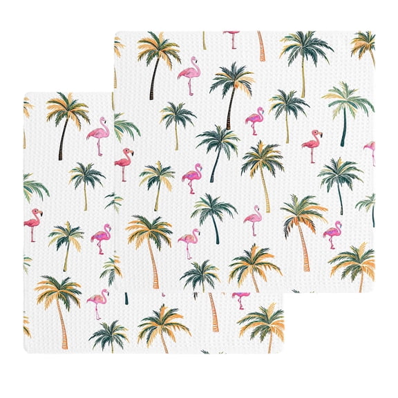 Palm Trees Dish Towels Set, Waffle Weave Kitchen Towels 2 Pieces, Watercolor Tropical Flamingo Summer Microfiber Hair Face Bath Tea Towel Absorbent Quick Drying Cleaning Dish Cloths, 12"x12"