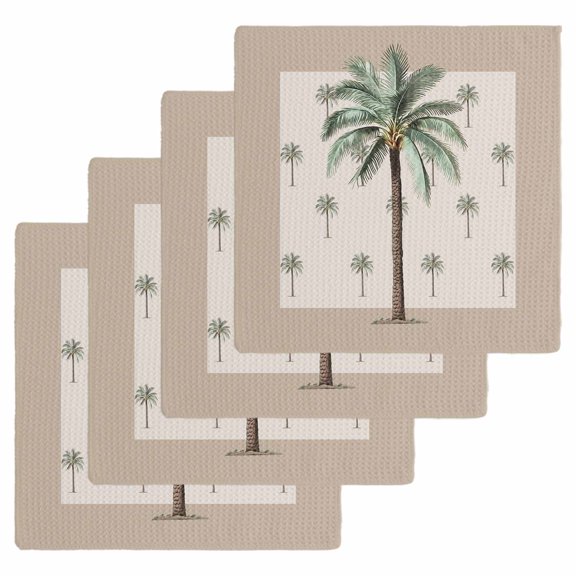 Palm Trees Dish Towels Set, Waffle Weave Kitchen Towels 4 Pieces, Brown Tropical Plants Summer Green Microfiber Hair Face Bath Tea Towel Absorbent Quick Drying Cleaning Dish Cloths 12"x12"