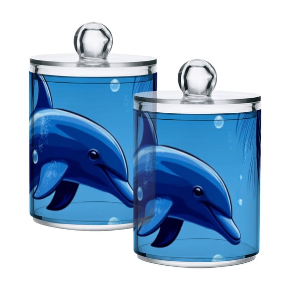 Palm Trees Dolphins Bubbles Beach Translucent Plastic Cans Storage Canisters with Lid Set of 2