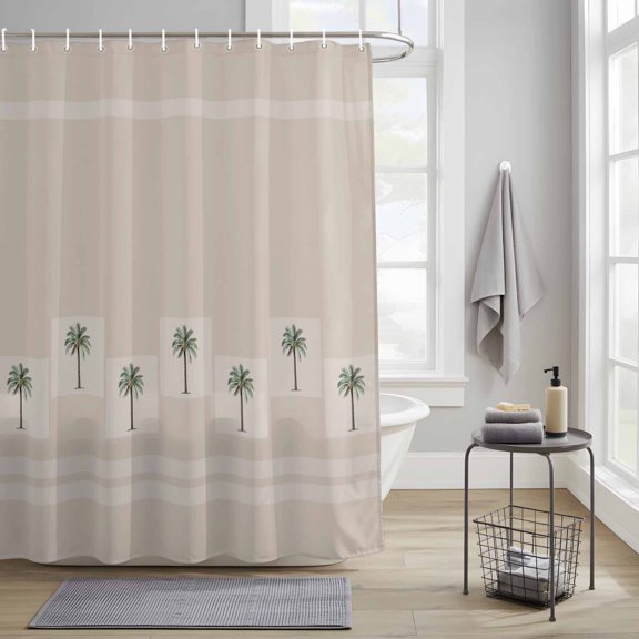 Palm Trees Fabric Shower Curtain for Bathroom Waterproof Bath Curtain with 12 Hooks Vintage Coastal Tropical Plants Geometric Rectangle Khaki Stripes Washable Shower Curtain with Grommets 72"x72"