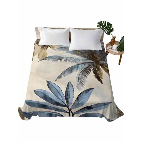Palm Trees Flat Sheet Only Twin Size, Soft Breathable Bed Top Sheets for Mattress, Blue Brown Vintage Watercolor Tropical Luxury Bedding Flat Sheets for Home Hotel Bedroom Bed Protection