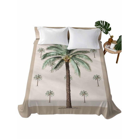 Palm Trees Flat Sheet Only Twin Size, Soft Breathable Bed Top Sheets for Mattress, Brown Tropical Plants Summer Green Luxury Bedding Flat Sheets for Home Hotel Bedroom Bed Protection