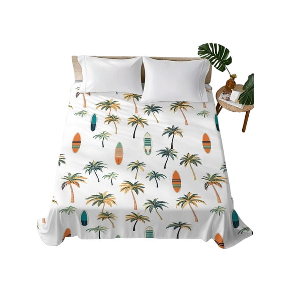 Palm Trees Flat Sheet Only Twin Size, Soft Breathable Bed Top Sheets for Mattress, Summer Botanical Tropical Plants Kayaks Luxury Bedding Flat Sheets for Home Hotel Bedroom Bed Protection