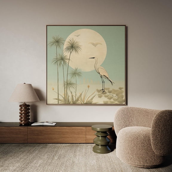 Palm Trees Flock Of Birds Art Sage Green Moon Japandi Wall Art Japanese Sun Inspired Square Art, Unframed Paper Print