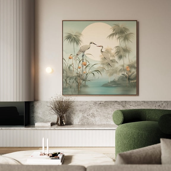 Palm Trees Flock Of Birds Art Sage Green Moon Japandi Wall Art Japanese Sun Inspired Square Art, Unframed Paper Print