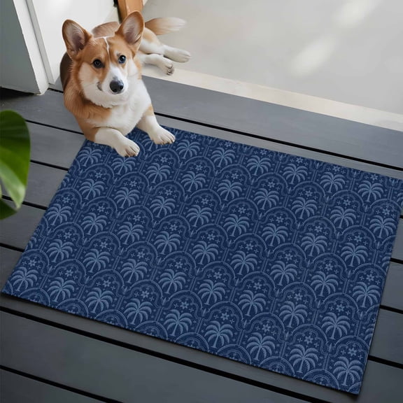Palm Trees Front Door Rugs 2x3 ft Retro Luxury Dark Blue Palm Tree Blue Texture Small Rug for Entryway Non Slip Washable Bathroom Door Mat Absorbent Floor Mat for Indoor Entrance