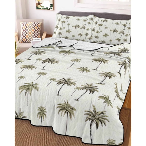 Palm Trees Full Size Down Alternative Comforter, Lightweight Comforter Quilt Bedding Set with Pillow Shams Green Botanical Summer Tropical Plants All Seasons Bed Comforter Duvet Insert 78"x90"