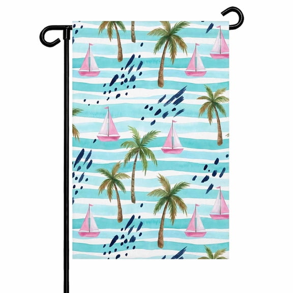 Palm Trees Garden Flag 12x18 Inch Summer Pink Sailboats Aqua Nautical Stripes Double Sided Small Decorative Garden Flags for Outside, Outdoor Yard Porch Lawn Decoration