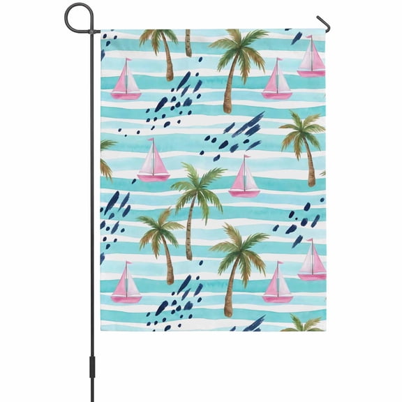 Palm Trees Garden Flags For Outdoor, Summer Pink Sailboats Aqua Nautical Stripes Small Double Side Yard Flags Weather Proof Garden Decor for Lawn Outside Holiday 12 x 18 Inches