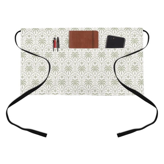 Palm Trees Half Waist Apron Retro Luxury Green Palm Tree Beige Texture Short Waiter Aprons with 3 Pockets for Women Men Kitchen Restaurant Cooking