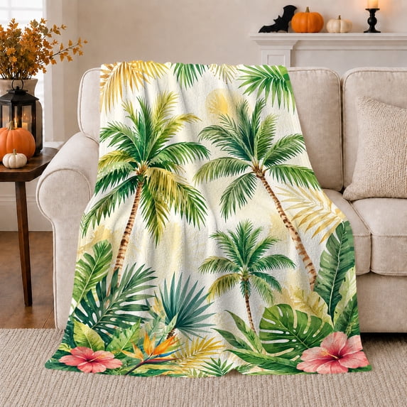 Palm Trees with Hibiscus and Golden Leaves, Warm Coastal Style for Beach Lovers, Tropical Garden Motif and Mother's Day Gift, Cozy Flannel Blanket for Sunroom and Bedroom, Home Decor
