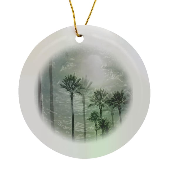3drose, Palm Trees in Mesquite, Nevada with an Overlay of Same Palms and Refection of the Sun, Circle Porcelain Ornament