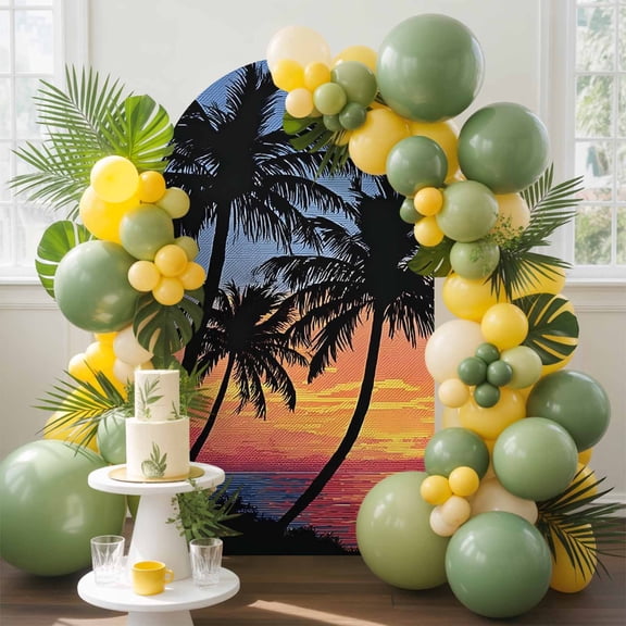 Palm Trees Island Arch Backdrop Cover, 4FT, Summer Tropical Plants Silhouettes Sunset Spandex Arch Covers Double-Sided Backdrop for Wedding Birthday Party Photo Background Decoration
