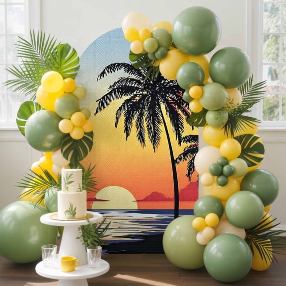 Palm Trees Island Arch Backdrop Cover, 4FT, Summer Tropical Plants Sunset Spandex Arch Covers Double-Sided Backdrop for Wedding Birthday Party Photo Background Decoration