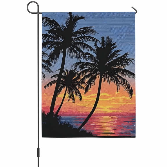 Palm Trees Island Garden Flag 12 x 18 Inches, Summer Tropical Plants Silhouettes Sunset Weather Proof Outdoor Patio Flags Double Sided Small Garden Decoration for Yard Outside Home