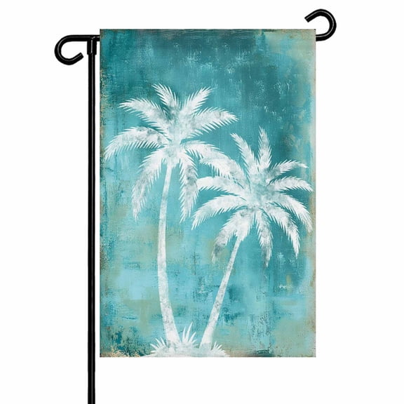 Palm Trees Island Garden Flag 12x18 Inch Tropical White Palm Leaf Teal Green Double Sided Small Decorative Garden Flags for Outside, Outdoor Yard Porch Lawn Decoration