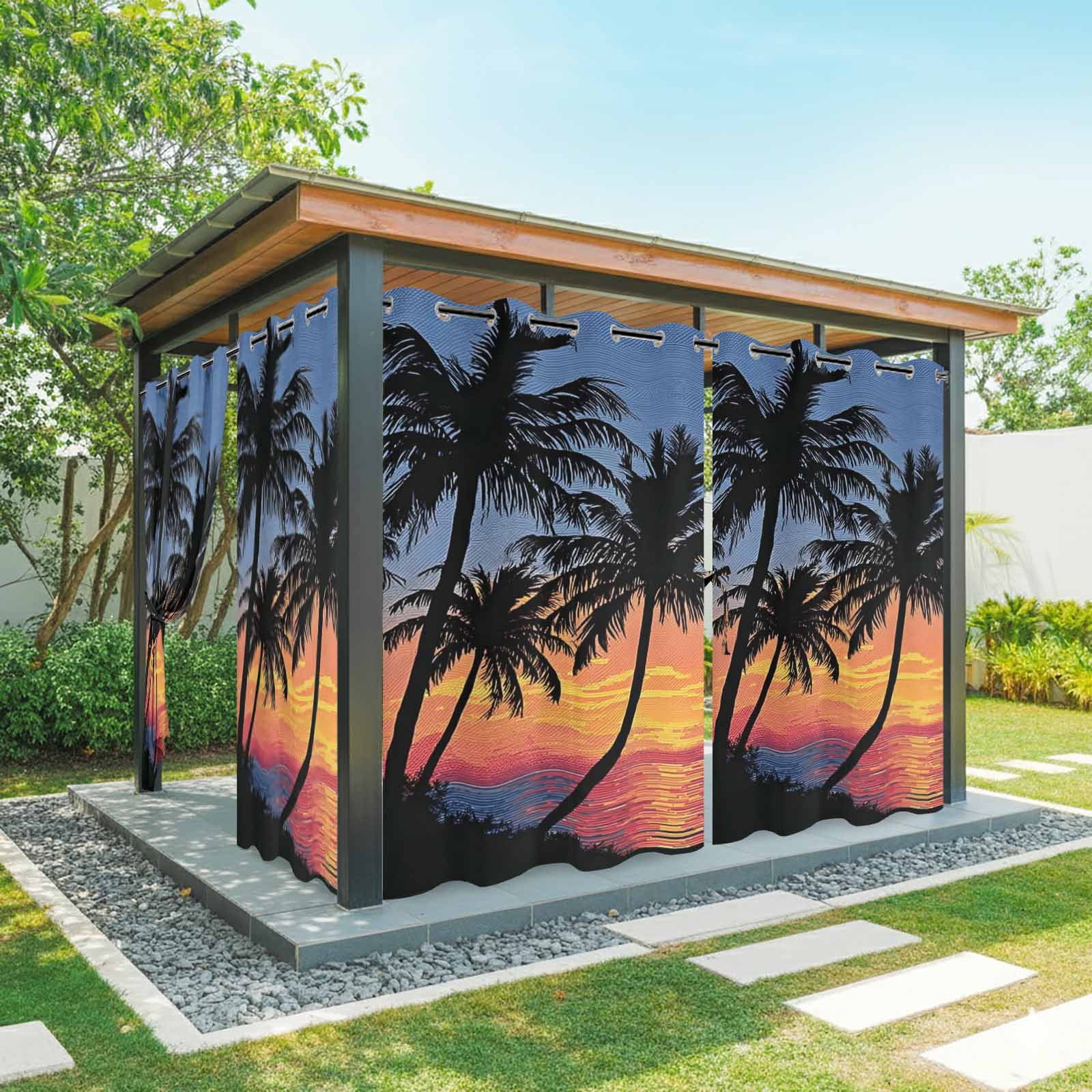 Palm Trees Island Outdoor Curtains for Patio, Summer Tropical Plants Silhouettes Sunset Sunshade Privacy Drapes Grommet Waterproof Outside Curtains for Porch/Cabana/Balcony 54"x 108", 1 Panel
