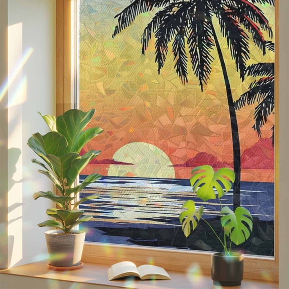 Palm Trees Island Window Privacy Film, Summer Tropical Plants Sunset Stained Glass Rainbow Film Decorative Window Clings, Static Cling Sun Blocking Stickers 17.7" x 39.3"