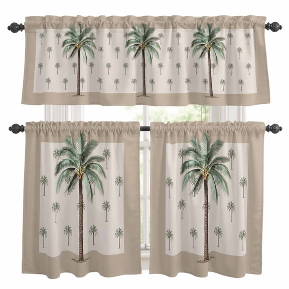 Palm Trees Kitchen Curtains Sets for Windows 36 Inch Length, Brown Tropical Plants Summer Green Rod Pocket Window Treatments Tier Curtains and Valances Set for Bedroom/Bathroom