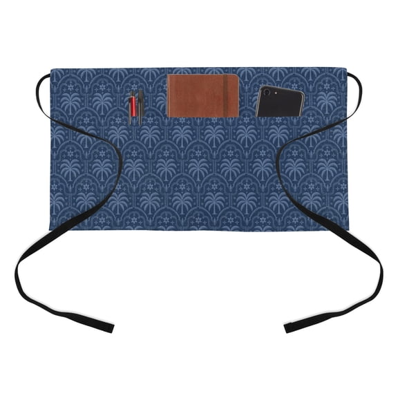 Palm Trees Kitchen Restaurant Half Waist Apron, Retro Luxury Dark Blue Palm Tree Blue Texture Server Short Apron with 3 Pockets Waterproof Oil Waist Aprons for Women Waitress Waiter