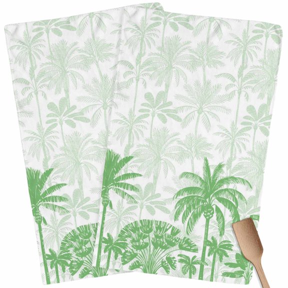 Palm Trees Kitchen Towel Dish Cloths Set of 2, Microfiber Soft Kitchen Hand Towels, Green Tropical Plants Summer Forest Scenery Absorbent Quick Drying Dishcloths 18 x 28 Inches