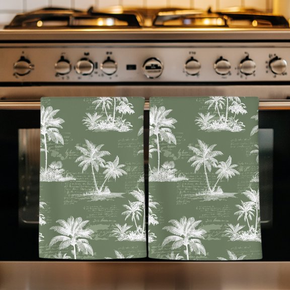 Palm Trees Kitchen Towels Set of 3, Tropical Summer Tropical Botanical Sage Green Absorbent Dish Towels for Kitchen, Microfiber Hand Towel, Quick Drying Tea Towel for Cleaning Decorative Dishcloths