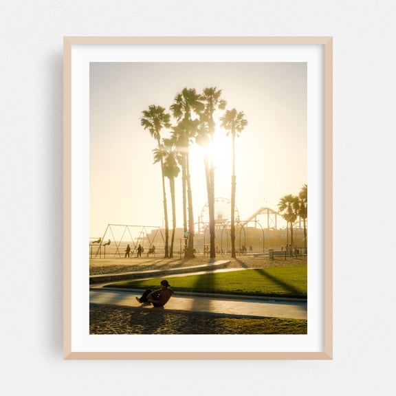 Palm Trees at Muscle Beach, Santa Monica - Santa Monica California Photography Sunset Palm Tree Beach Ferris Wheel Silhouette Boardwalk Tropical Oak Framed Wall Art Print 9 x 12 inches