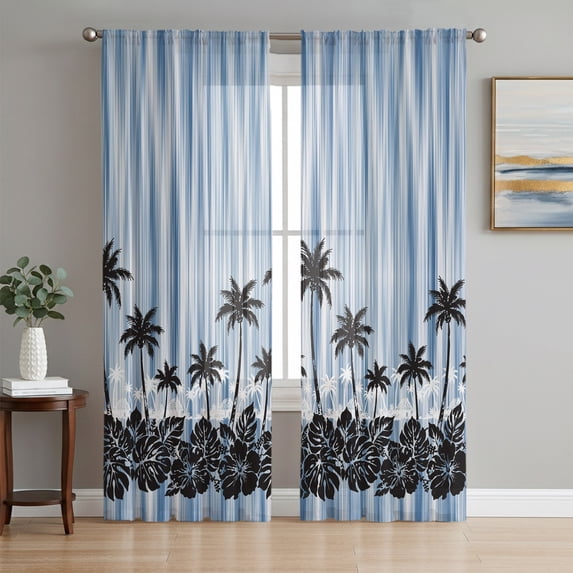 Palm Trees Navy Blue Sheer Curtains 63 Inch Length 2 Panels Set, Summer Coastal Tropical Voile Window Treatment Rod Pocket Curtains Sheers Drapes for Bedroom/Living Room/Kitchen 52x"63"x2