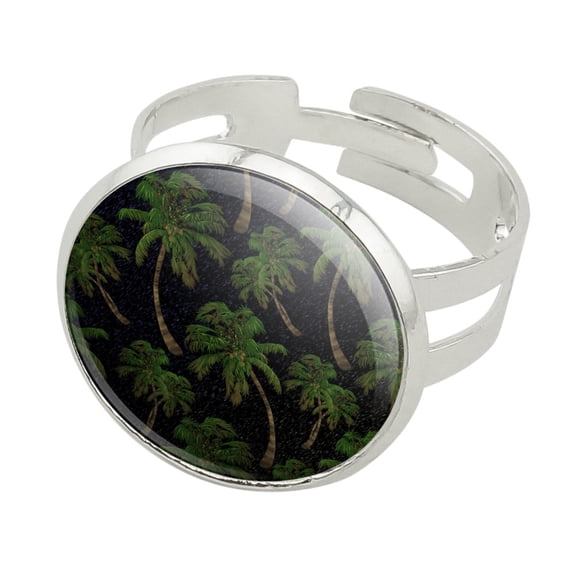 Palm Trees Night Sky Pattern Silver Plated Adjustable Novelty Ring