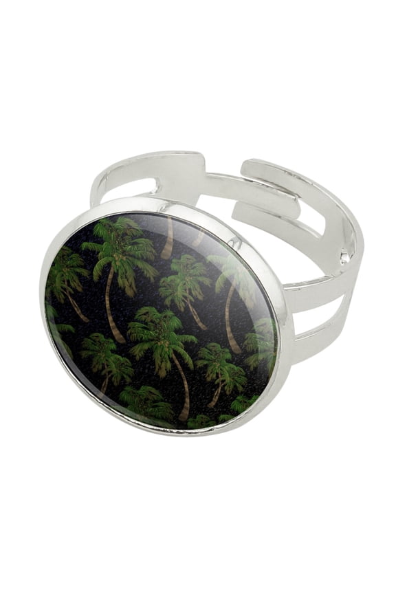 Palm Trees Night Sky Pattern Silver Plated Adjustable Novelty Ring