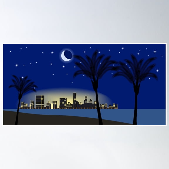Palm Trees On The Seashore And A City Poster Wall Art, Modern Wall Decor, 8x12 UNFRAMED