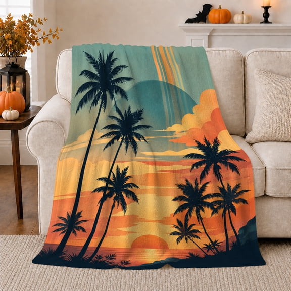 Palm Trees by Orange Sunset Waves, Serene Coastal Style for Beach Lovers, Retro Tropical Shore Scene and Housewarming Gift, Cozy Flannel Blanket for Beach House and Sunroom, Home Decor