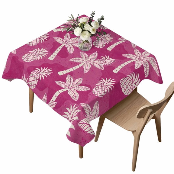 Palm Trees Pineapples Table Cloth, Waterproof Tablecloth for Square Tables, Magenta Tropical Coastal Plants Washable Fabric Table Cover for Restaurant Kitchen Dining Tables 54"x54"