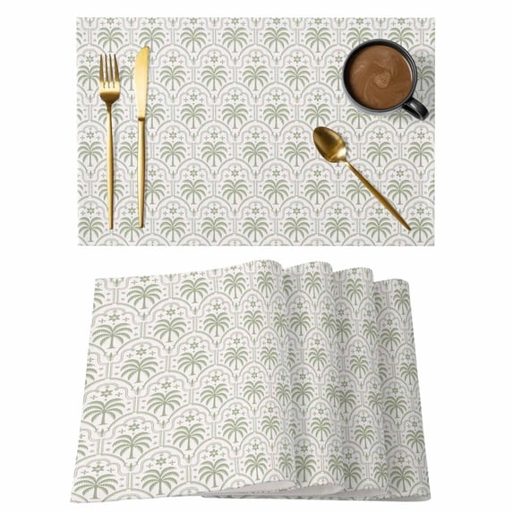 Palm Trees Placemats Set of 8, Summer Tropical Coconut Trees Plants Green Placemats for Dining Table, Place Mats for Kitchen Tabletop, Waterproof Wipeable Dining Table Mats Set