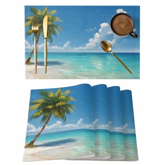 Palm Trees Placemats Set of 1 Oceans Blue Sky Clouds Beach Summer Nature Heat Insulation Washable Place Mats, Non-Slip Table Mats for Dining Table Party Kitchen Decor,13x19 Inch