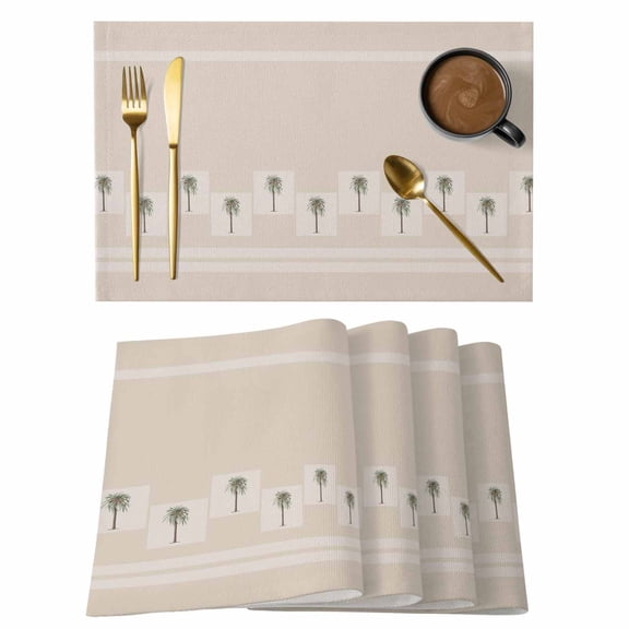 Palm Trees Placemats Set&nbsp;of&nbsp;12 Vintage Coastal Tropical Plants Geometric Rectangle Khaki Stripes Heat Insulation Washable Place Mats, Non-Slip Table Mats for Dining Table Kitchen,13x19 Inch