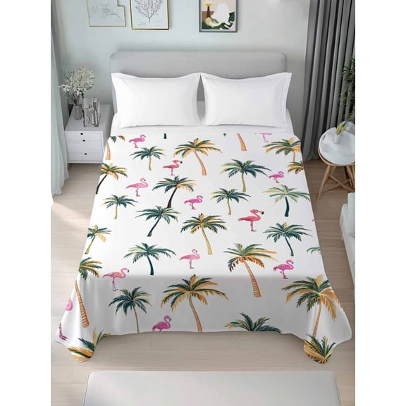 Palm Trees Queen Size Flat Sheet, Wrinkleproof & Fadeproof Cooling Flat Bed Sheet Only, Watercolor Tropical Flamingo Summer Breathable Soft Bedding Top Sheets 90 x 102 Inches