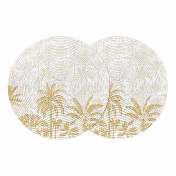 Palm Trees Round 13 Inch Placemats Set of 2, Yellow Tropical Plants Summer Forest Scenery HeatResistant Non Slip Place Mats for Dining Table, Wipeable Braided Kitchen Table Mats for Housewarming