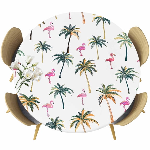 Palm Trees Round Fitted Tablecloth with Elastic Edge, Pink Flamingo Stretch Table Covers for 36"-44" Tables Wipeable Table Cloth for Outdoor