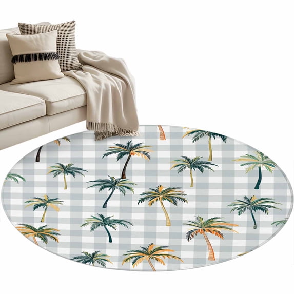 Palm Trees Round Rug 3.3ft Area Rug Washable Soft Non-Slip 3.3' Circle Low Pile Rugs Watercolor Plaid Tropical Tree Summer Carpet for Bedroom Living Room Entryway Home Office Dining Room