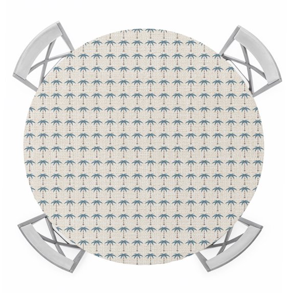 Palm Trees Round Table Cover, Summer Vintage Nautical Coastal Beach Ocean Blue Tree Waterproof Fitted Tablecloths for 55"-60" Tables, Washable Picnic Table Cover for Camping Dining Indoor Outdoor
