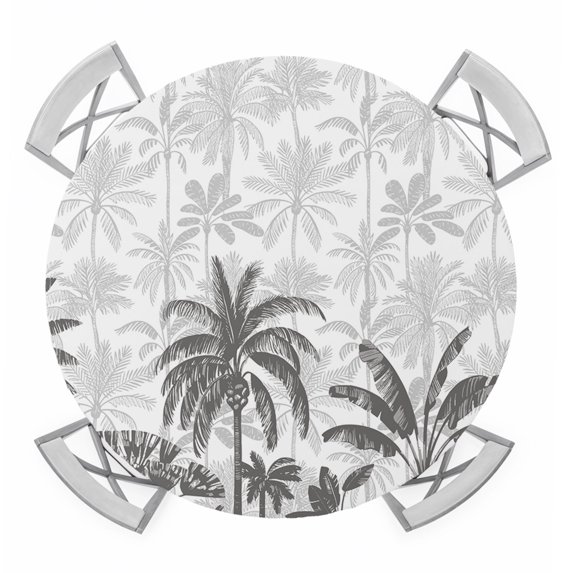 Palm Trees Round Tablecloth for 36-44 Inch Tables,Fitted Table Cover with Elastic Edge,Black Grey Tropical Plants Summer Forest Waterproof Outdoor Table Cloth Protector for Patio Garden Dinner Picnic