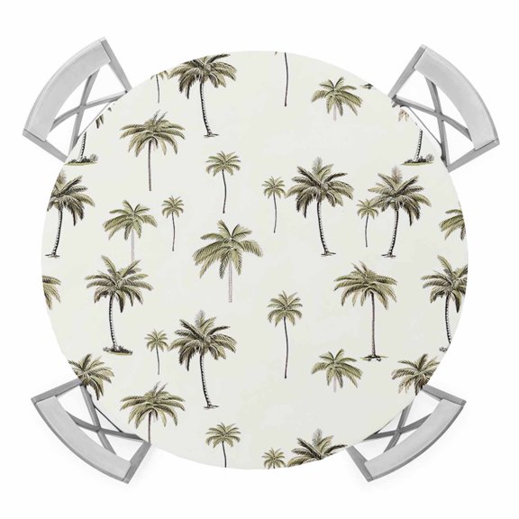 Palm Trees Round Tablecloth for 36-44 Inch Tables, Fitted Table Cover with Elastic Edge, Green Botanical Summer Tropical Plants Waterproof Outdoor Table Cloth Protector for Patio Garden Dinner Picnic