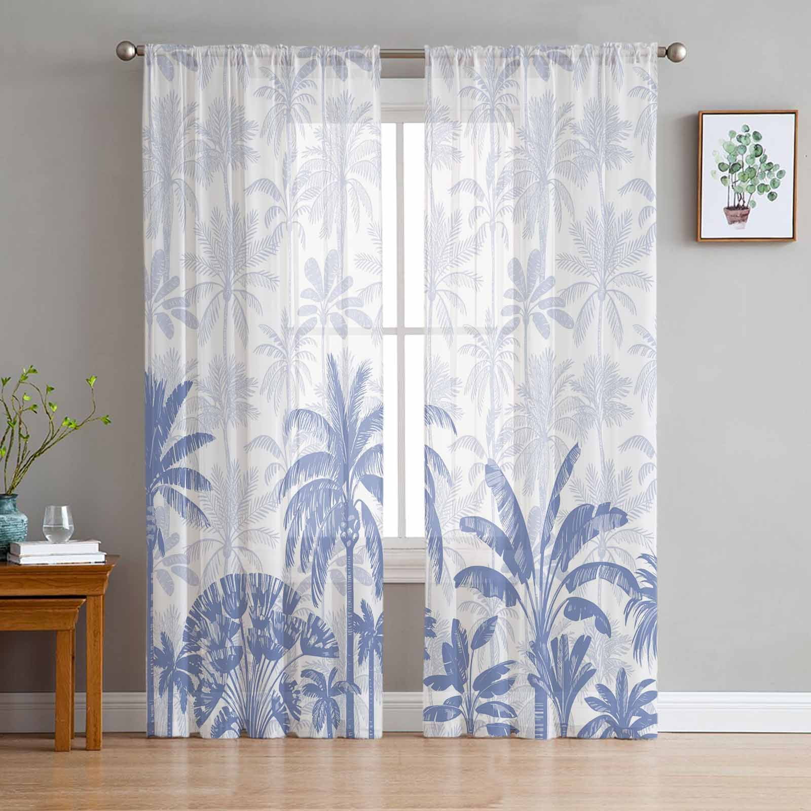 Palm Trees Semi Sheer Curtains 96 Inch Length 2 Panels Set, Blue ...